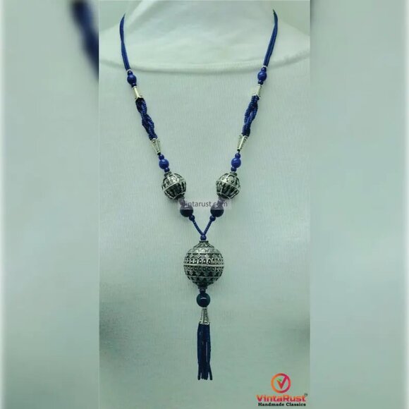 Blue Beaded Pendant Necklace with Silver Tribal Charms and Tassels - Picture 4 of 14